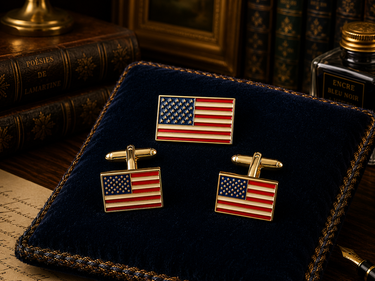 American flag cufflinks and matching lapel pin in silver tone with red, white and blue enamel-style detail