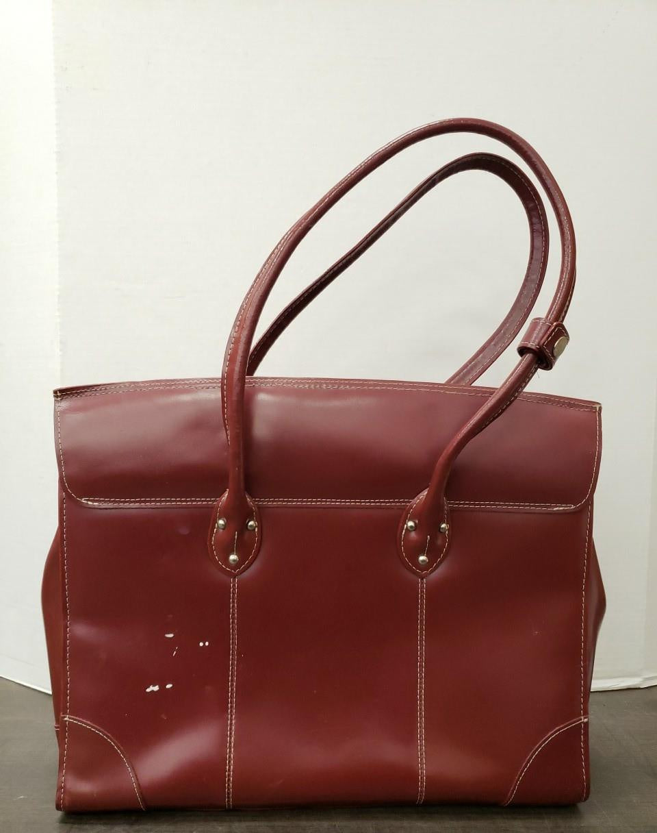 McKleinUSA burgundy leather laptop tote with front flap lock closure, view 6
