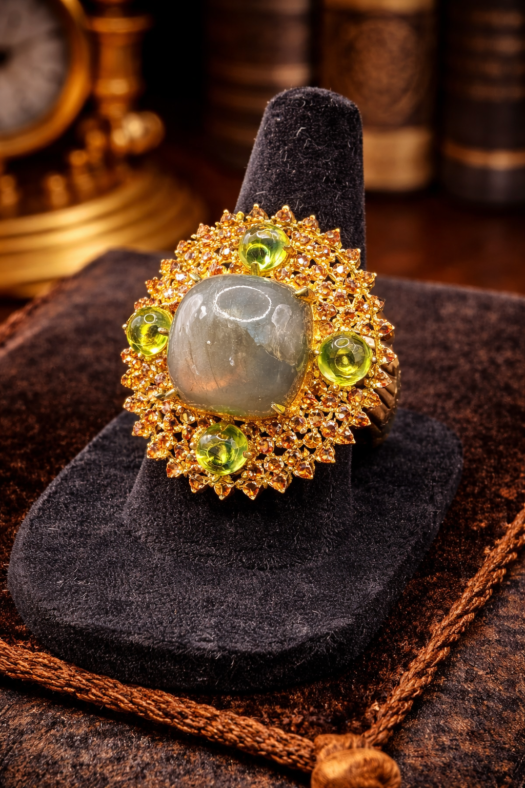 Vintage Gold Tone Cluster Ring Gray Cabochon Green Accent Stones MCM Statement Cocktail Ring