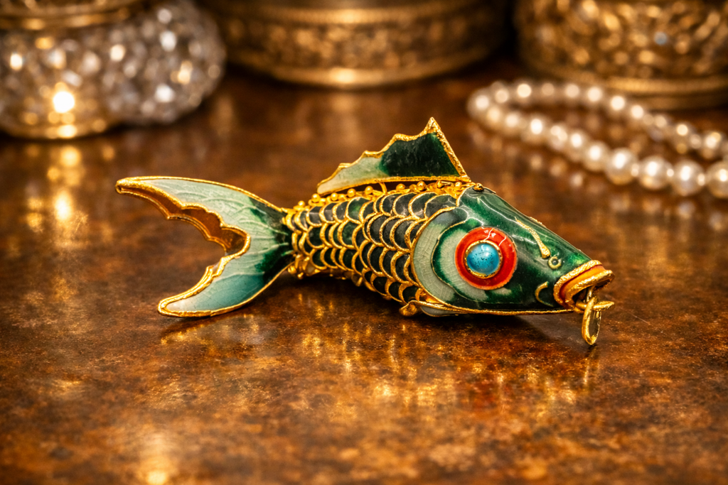 Large Cloisonné Articulated Fish Pendant Green Enamel Gold Tone Wirework Statement Necklace Charm
