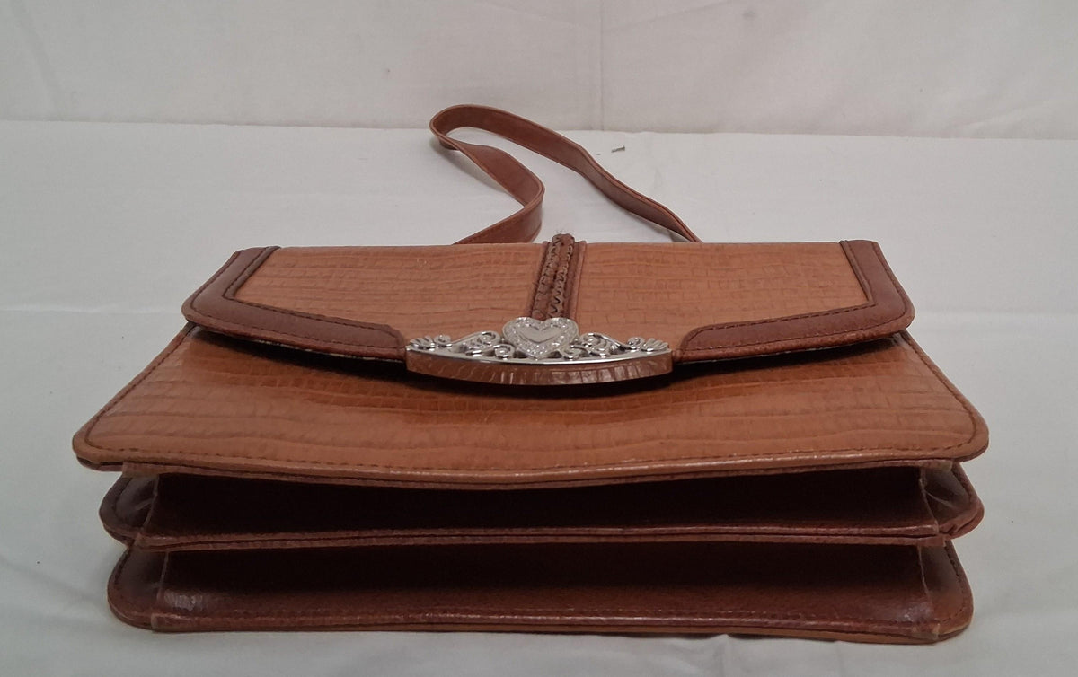 Brown embossed faux leather flap handbag with braided front detail and heart accent, view 3