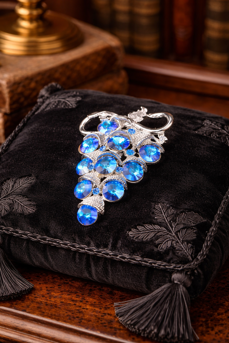 1950s–1960s Blue Crystal Grape Cluster Brooch Silver Tone Aurora Borealis Rhinestone Statement Pin Large Dimensional Fruit Jewelry