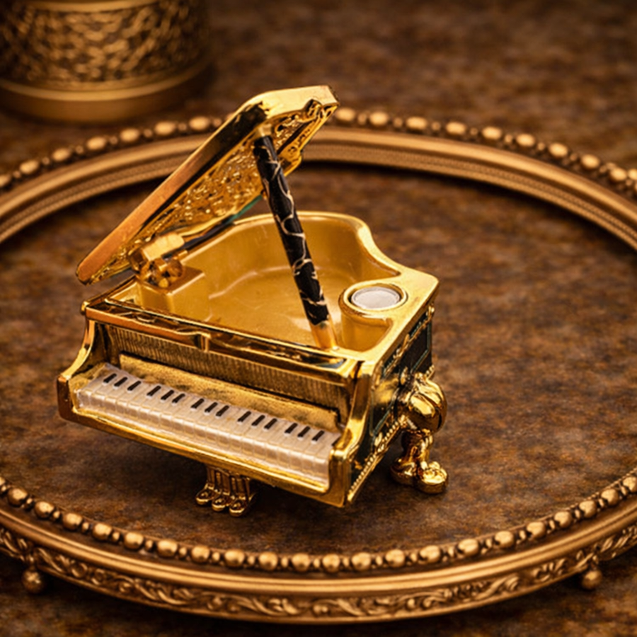 Black enamel grand piano trinket box with gold-tone floral lid and rhinestone trim