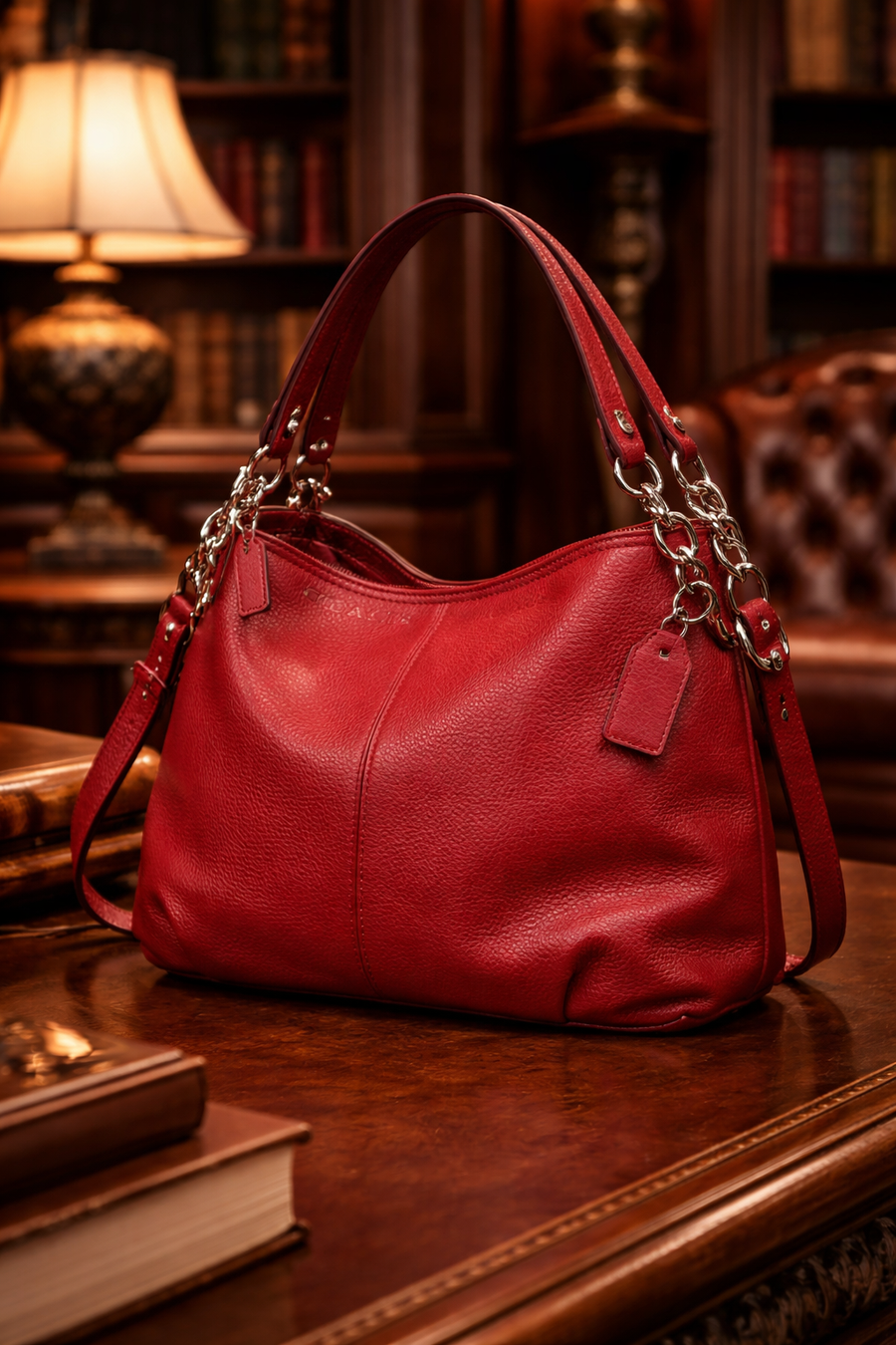 Coach red pebbled leather hobo bag with rolled handles and detachable strap