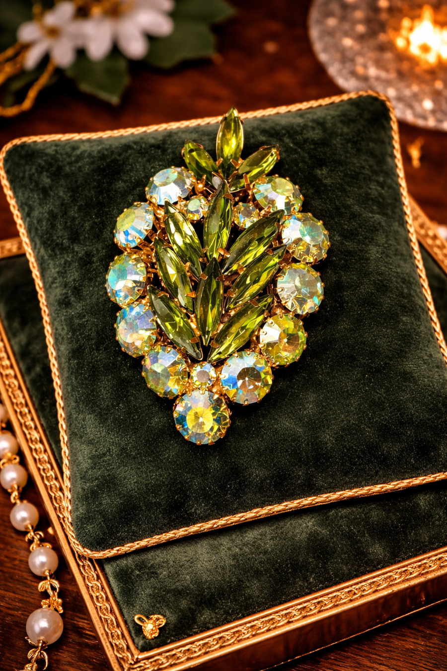Unsigned green aurora borealis rhinestone leaf brooch in gold tone, Juliana style