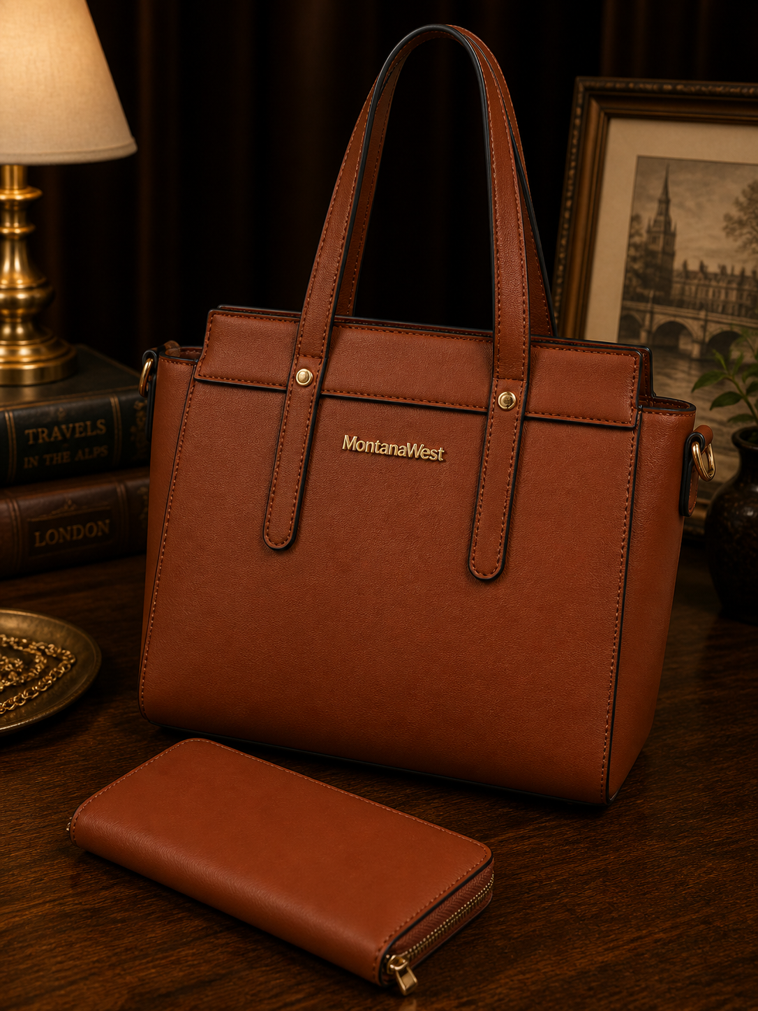 Montana West Cognac Orange Structured Tote Bag with Matching Wallet Set