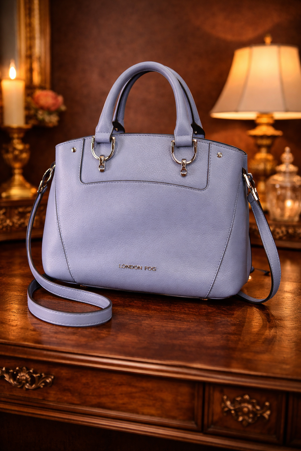 London Fog Light Blue Full Grain Leather Satchel | Top Handle Crossbody Designer Handbag