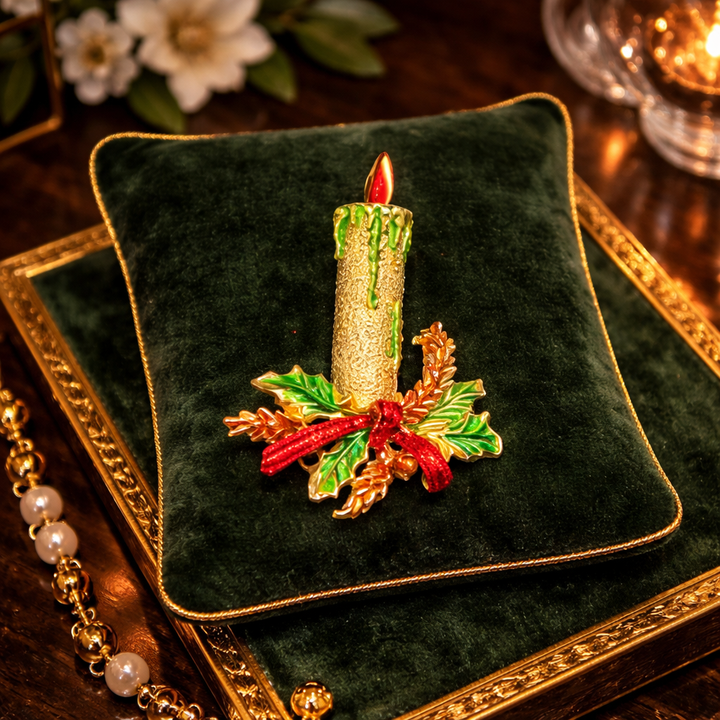 Vintage Christmas Candle Brooch with Holly & Red Bow | Gold Tone Holiday Pin