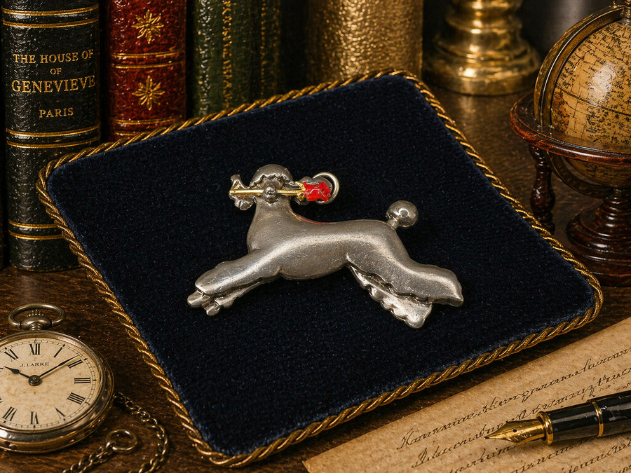 Signed Shields pewter-tone leaping poodle brooch holding a red rose