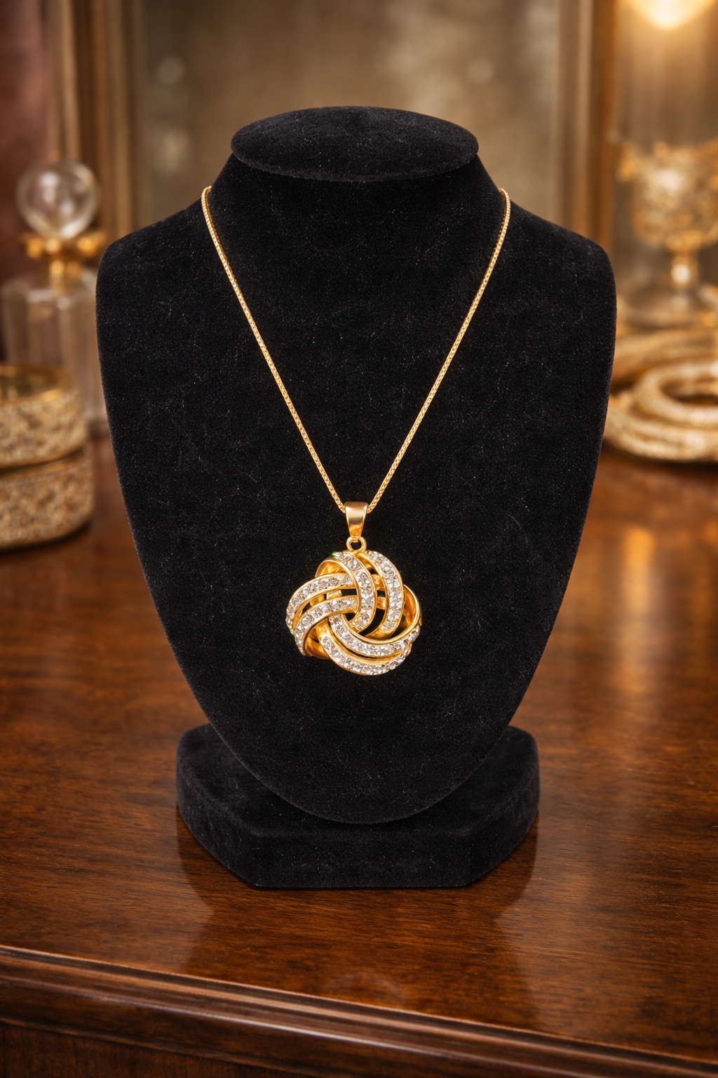 JCM Vermeil Interlocking Knot Pendant Necklace – Signed Gold Over Sterling Rhinestone Necklace