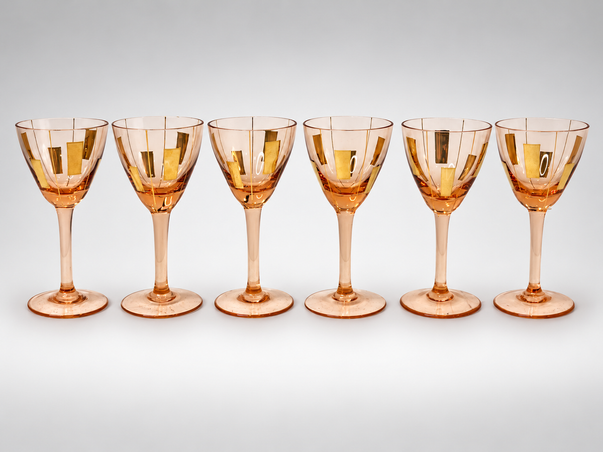 Rose-gold glass handled decanter and six cordial glasses with geometric gold-tone rectangles, view 3