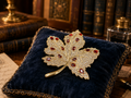 Gold Tone Rhinestone Maple Leaf Brooch with Red Orange Accents | Autumn Statement Pin