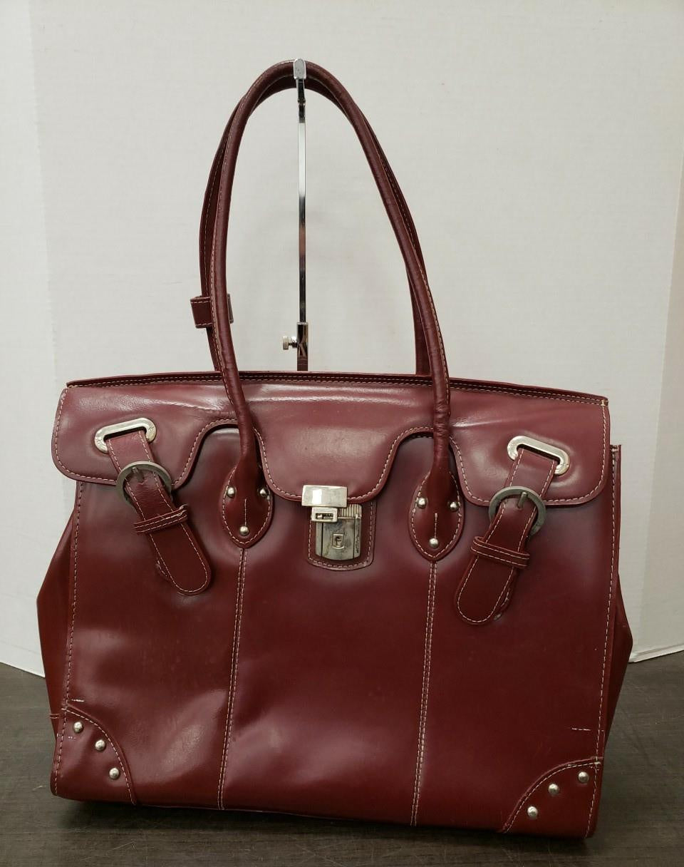 McKleinUSA burgundy leather laptop tote with front flap lock closure, view 7