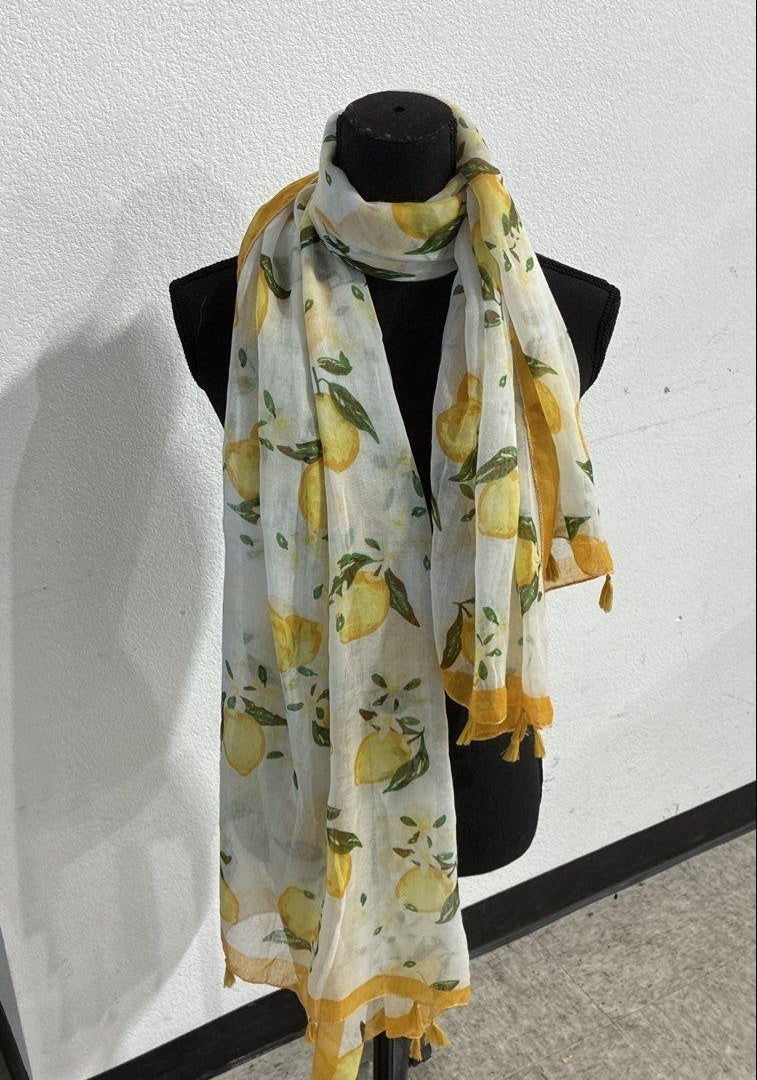 Vintage Lemon Print Scarf | Lightweight White Yellow Citrus Design Scarf