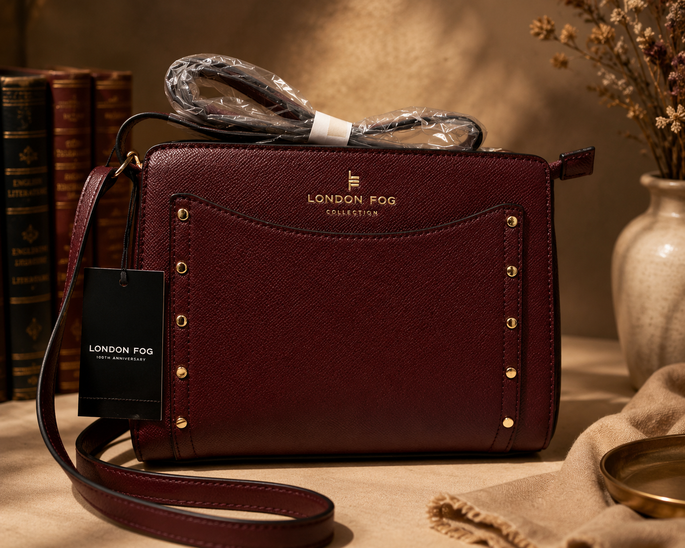 London Fog Taylor Plum Studded Crossbody Bag with Shoulder Strap and Gold Tone Hardware