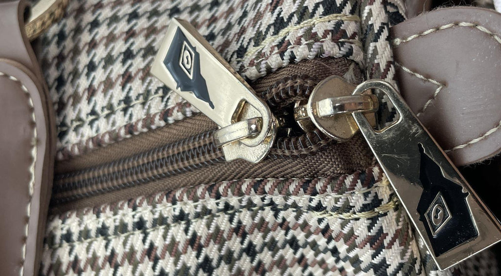 London Fog Houndstooth Barrel Satchel Bag | Brown Trim Shoulder Duffel Handbag