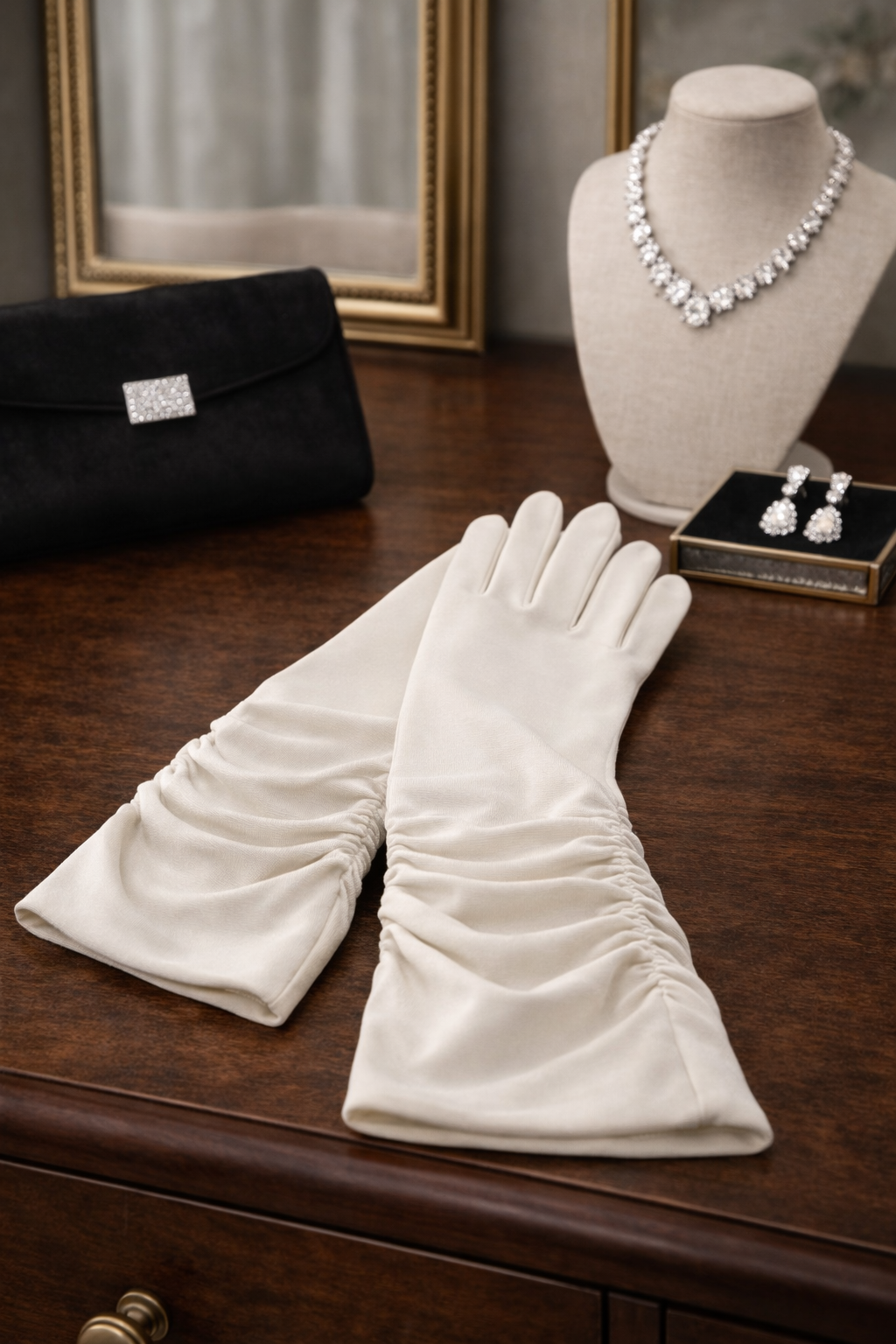 White opera-length dress gloves with ruched wrists, with original packaging