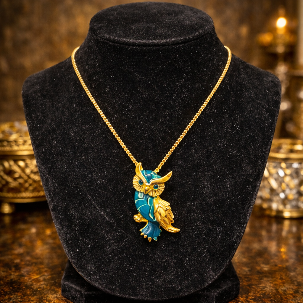 Gold Tone Blue Enamel Owl Pendant Necklace Crystal Eyes Whimsical Bird Jewelry