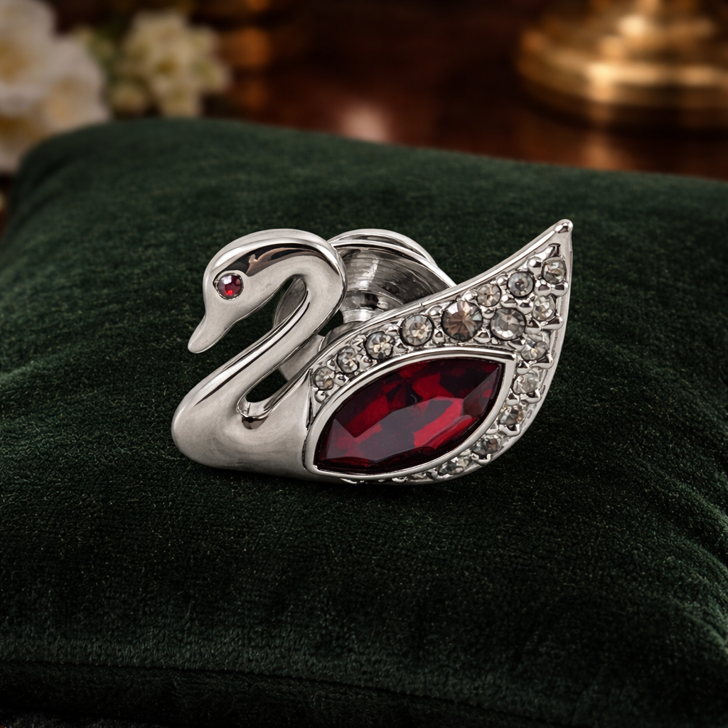Swarovski silver tone swan tie tack with red and clear crystals