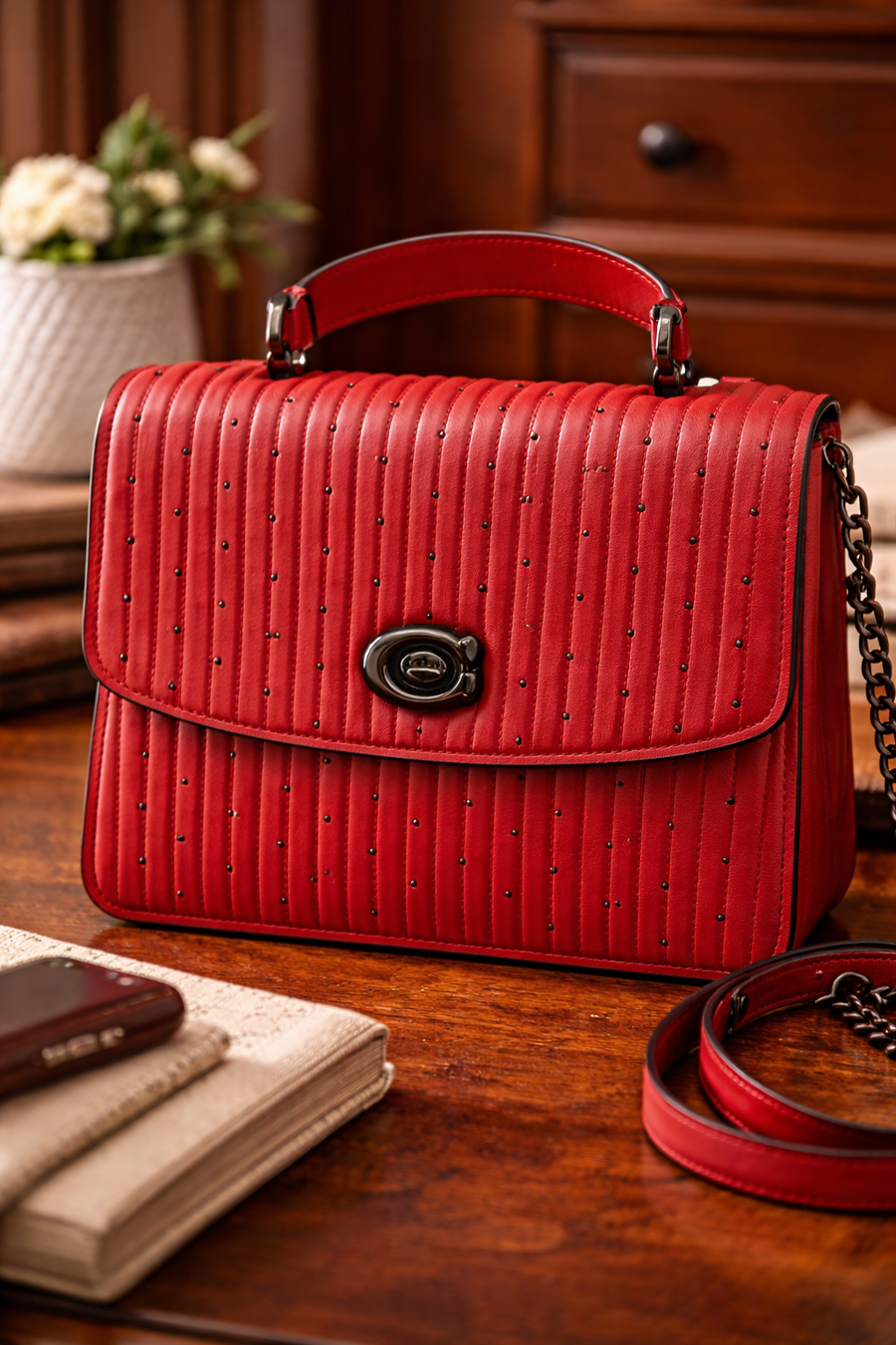 Coach red quilted leather top handle bag with rivet accents and turn-lock