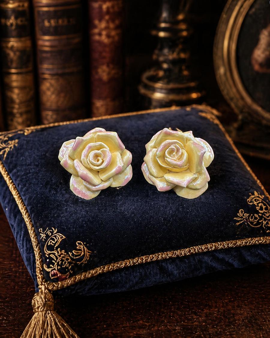 Signed MYO cream and pink glazed rose clip earrings