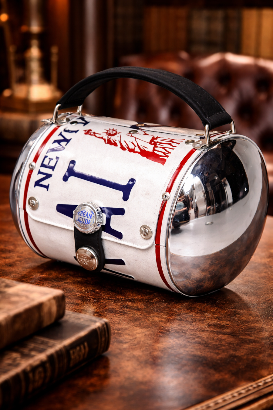New York license plate novelty barrel handbag with bottle cap clasp and chrome-tone ends