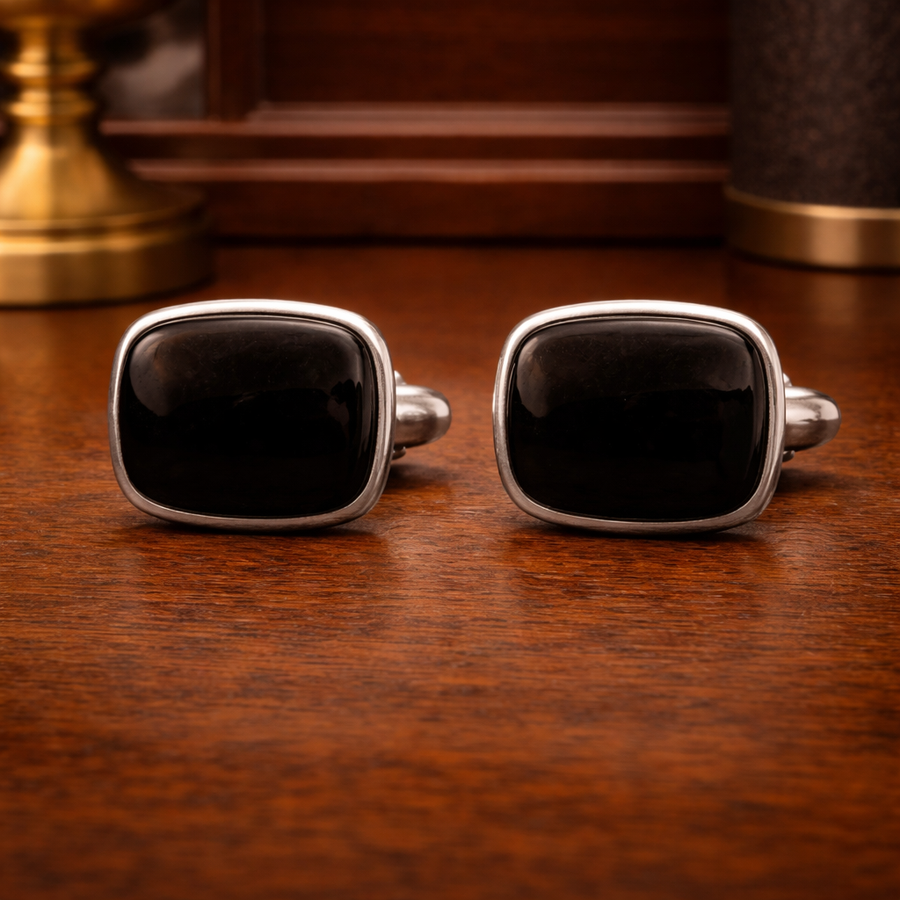 Silver-tone square tie tacks with black enamel faces and chain backs