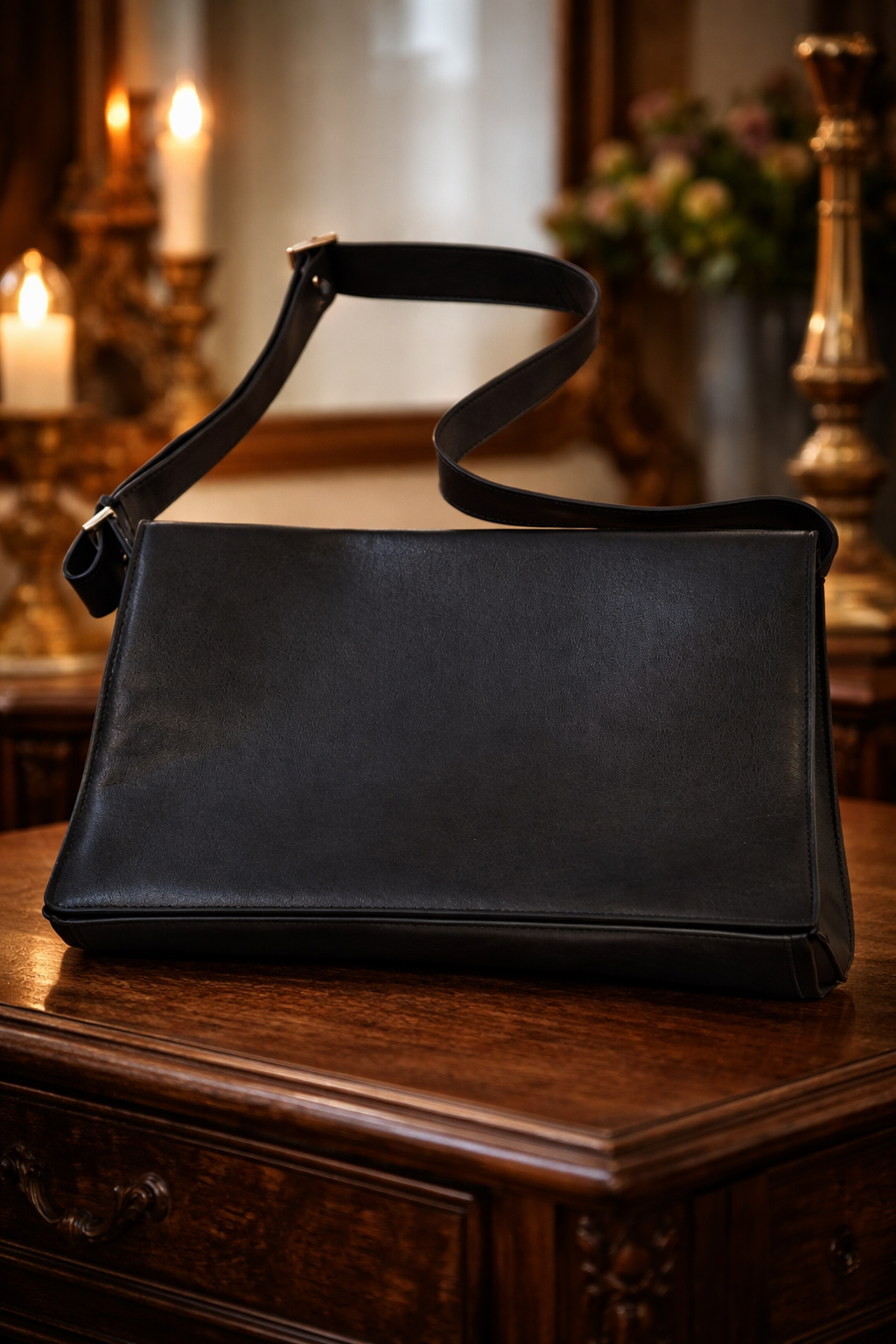 Barneys New York Black Leather Messenger Bag | Minimalist Flap Crossbody Work Briefcase