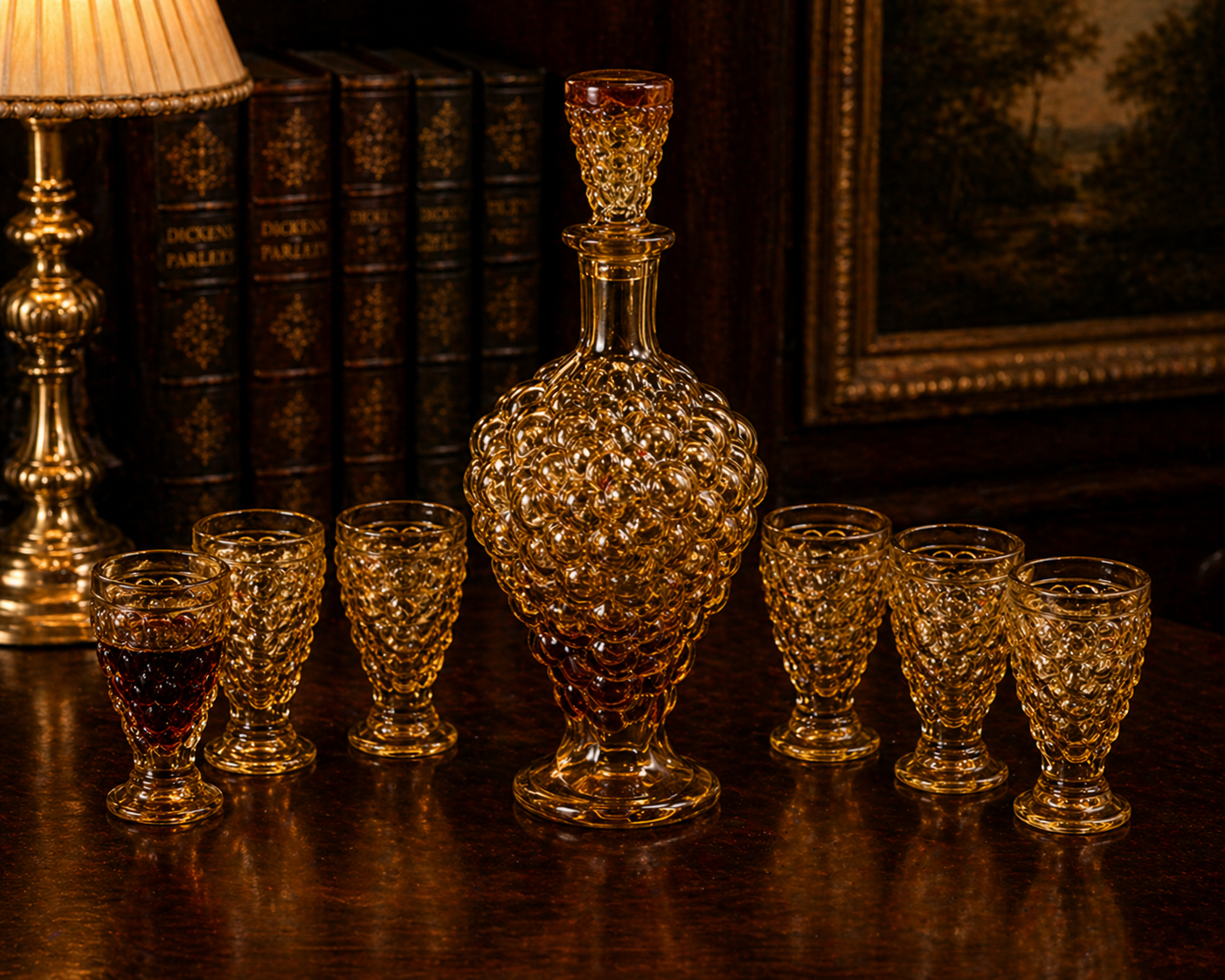 Vintage Amber Glass Decanter Set with 6 Cordial Glasses