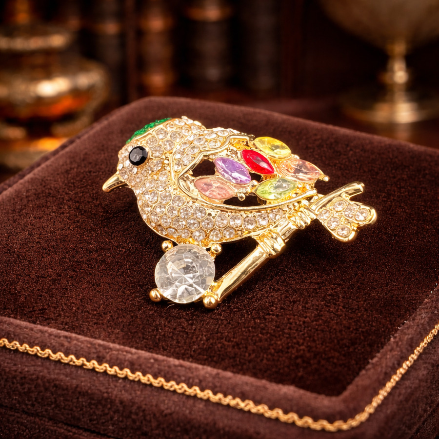 Gold-tone perched bird brooch with clear pavé body and multicolor rhinestone wing