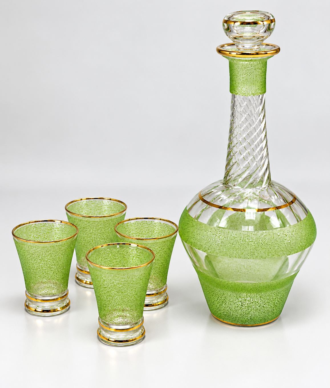Green frosted glass decanter with spiral neck, gold trim and four small glasses, view 7