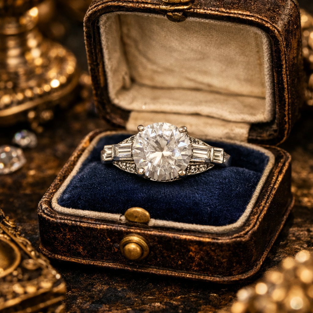 Vintage Art Deco Style 925 Sterling Silver CZ Ring Round Center with Baguette Accents Size 7