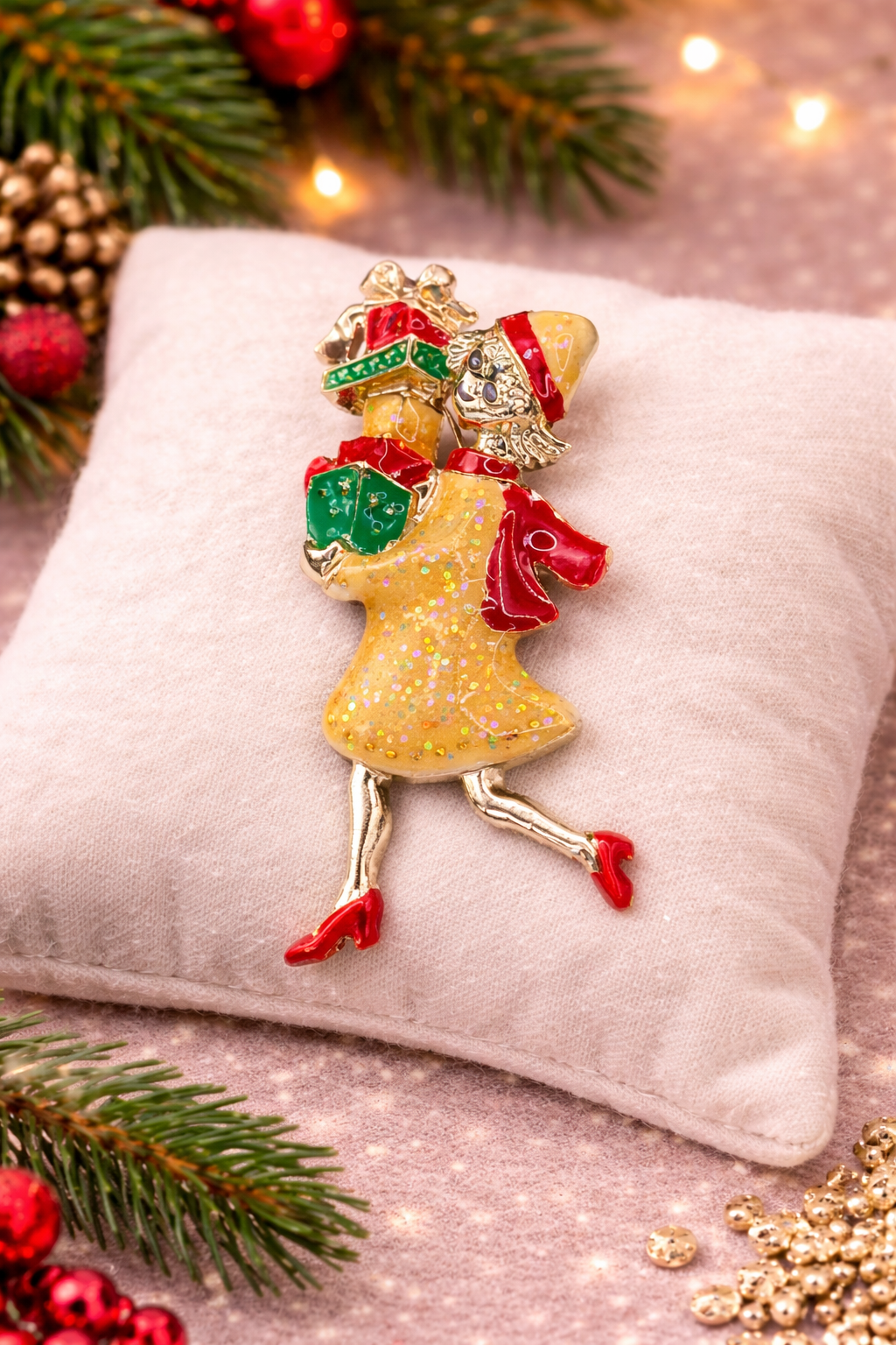 Vintage Tanya Creations (TC) Articulated Christmas Shopper Brooch Enamel Holiday Pin