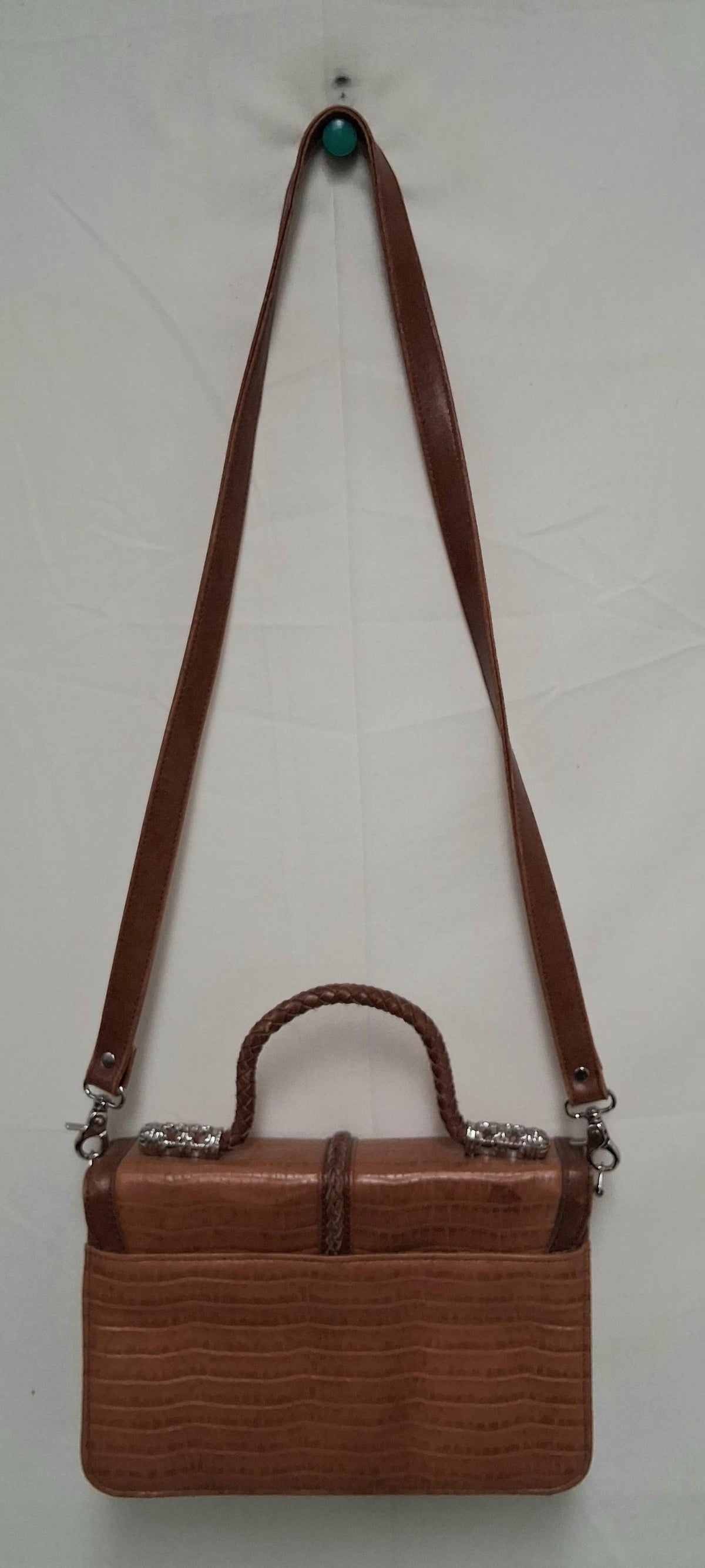 Brown embossed faux leather flap handbag with braided front detail and heart accent, view 4