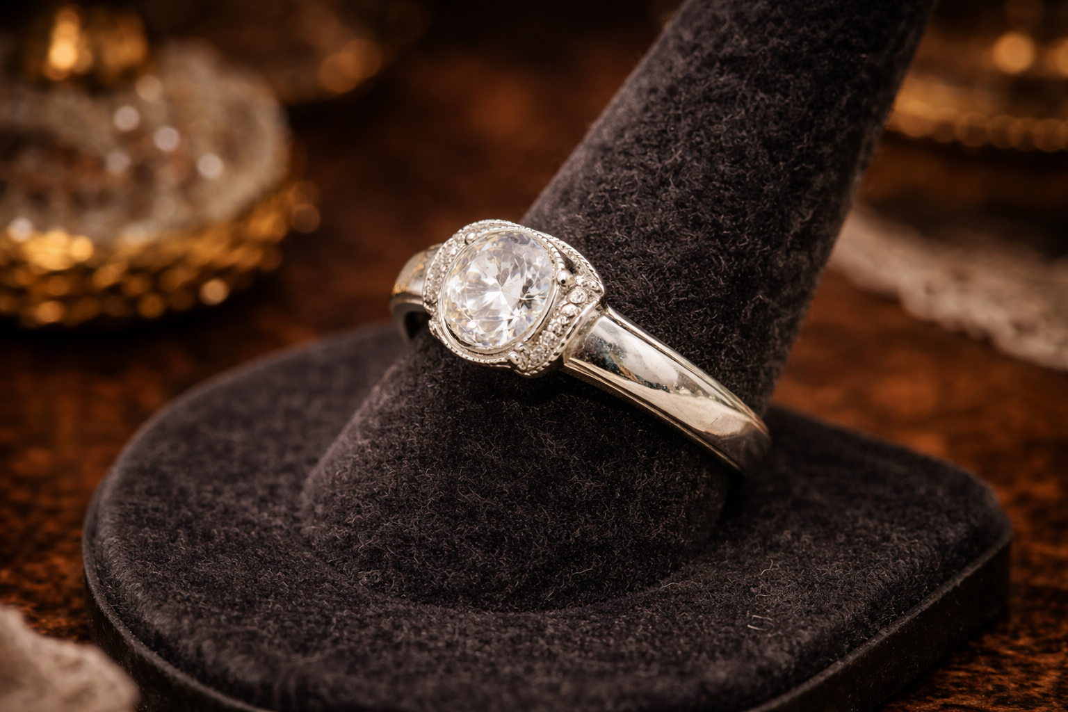 Vintage 925 Sterling Silver CZ Cocktail Ring Round Solitaire 4.5g with Pavé Shoulders Size 6