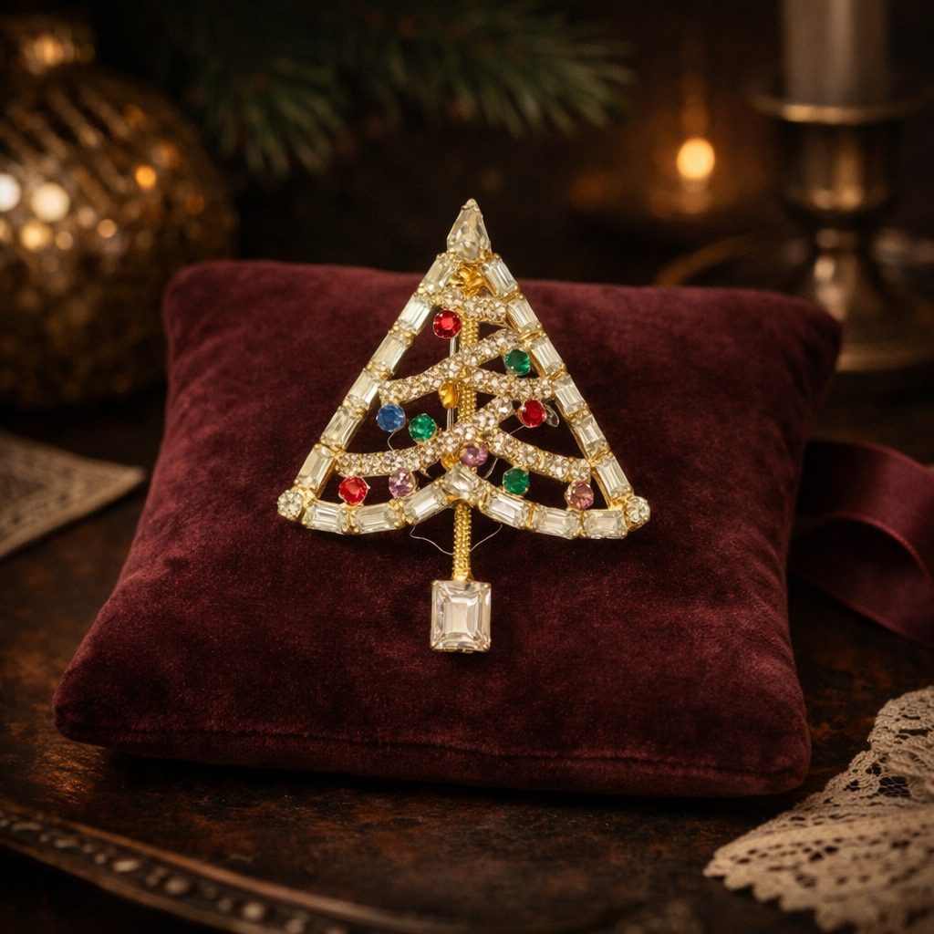 Gold-tone openwork rhinestone Christmas tree brooch with multicolor stones and square crystal drop trunk