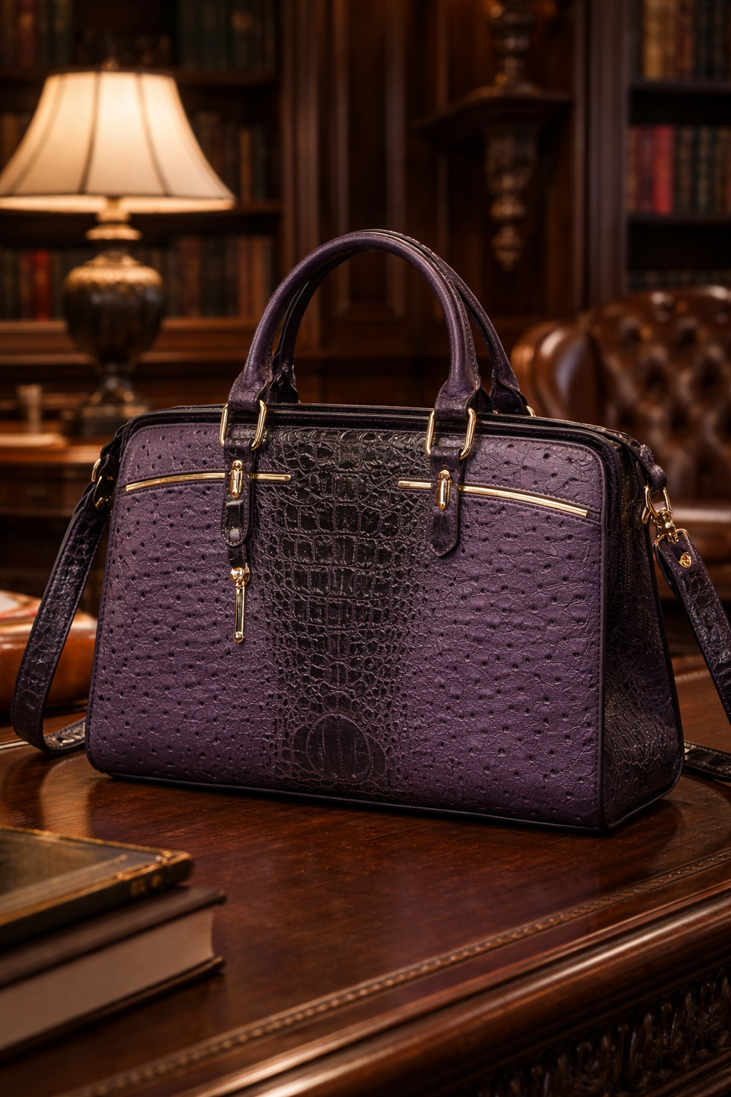 Dasein Deep Purple Embossed Satchel Bag Ostrich Croc Texture Convertible Shoulder Handbag