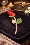 Red Rose Brooch Rhinestone Crystal Flower Pin Faux Pearl Stem Green Leaf Statement