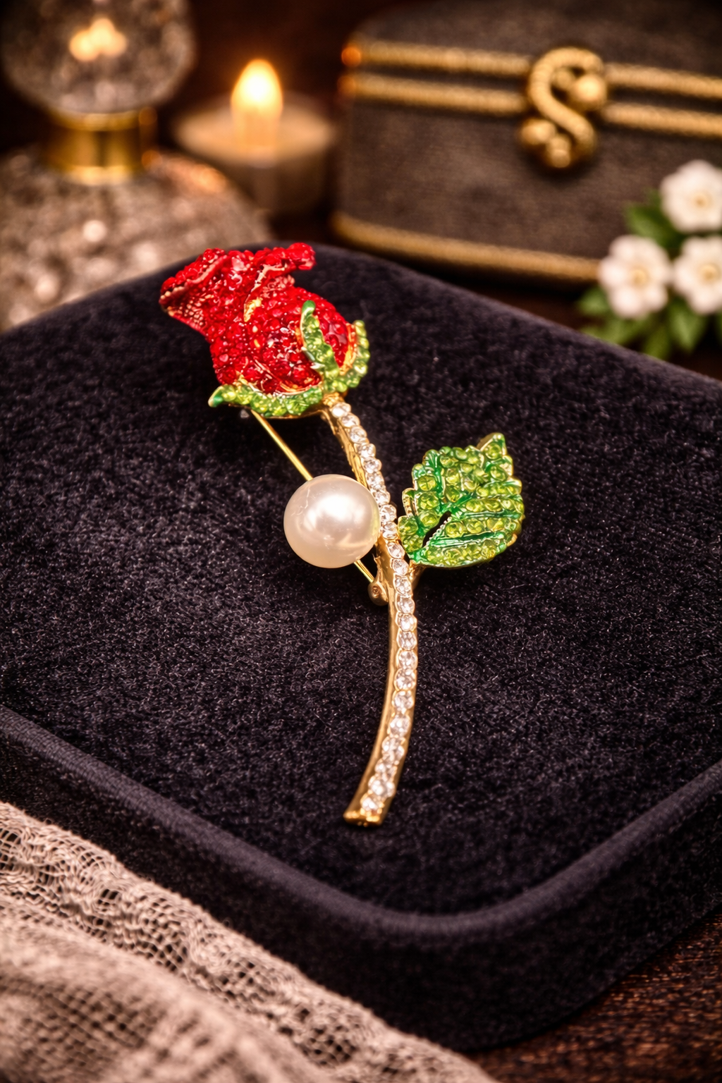 Red Rose Brooch Rhinestone Crystal Flower Pin Faux Pearl Stem Green Leaf Statement