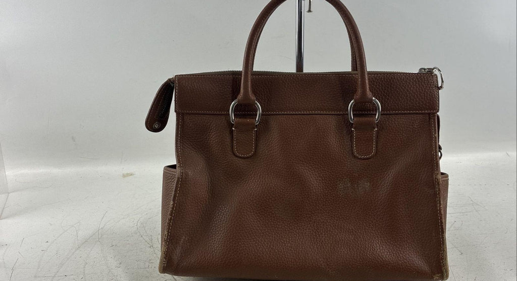 Dooney and Bourke Brown Leather Satchel Bag, Structured Pocket Tote with Shoulder Strap