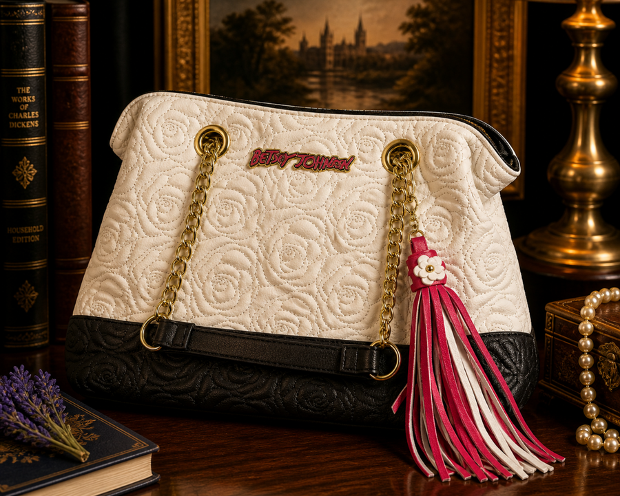 Betsey Johnson white quilted rose shoulder bag with pink tassel