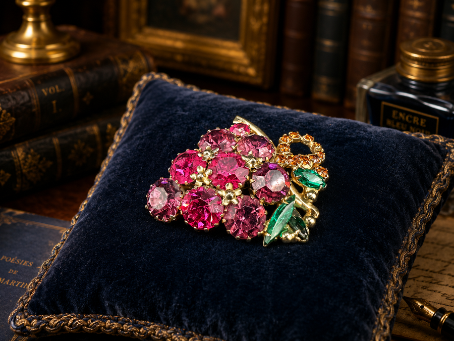 Gold-tone grape cluster brooch with pink and green rhinestones