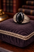 Avon 925 Sterling Silver Black Onyx Cabochon Ring Size [Insert] Vintage Statement Ring Marcasite Accent