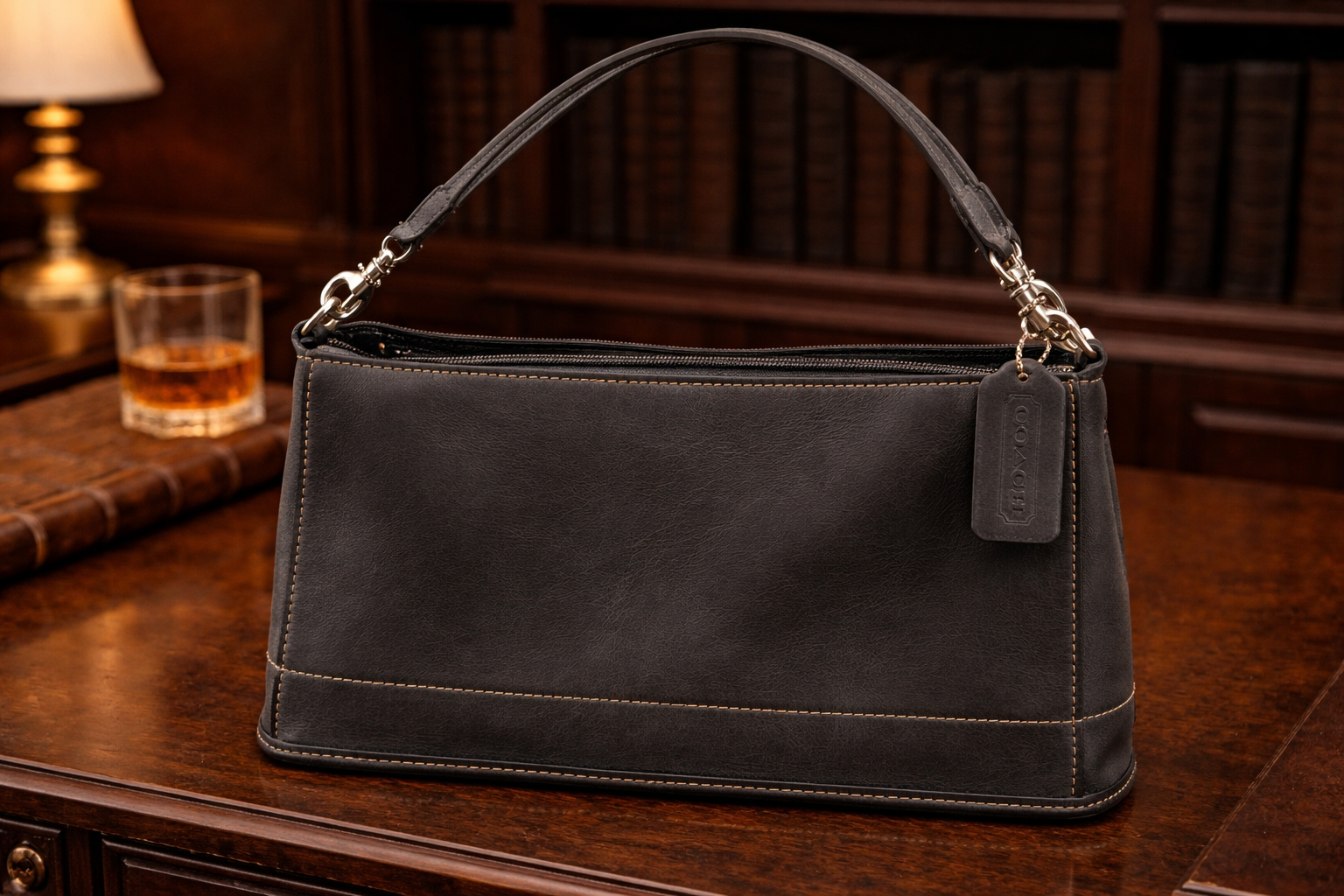 Vintage Coach Demi Zip Bag 9311 Charcoal Gray Glove Tanned Leather Mini Shoulder Handbag
