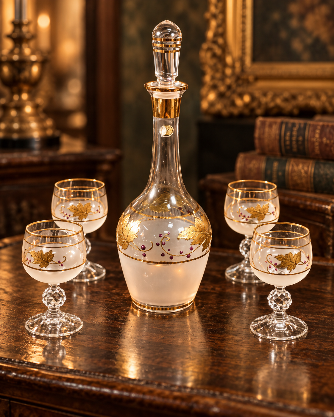 Frosted glass decanter and four cordial glasses with gold grape leaves and purple berries