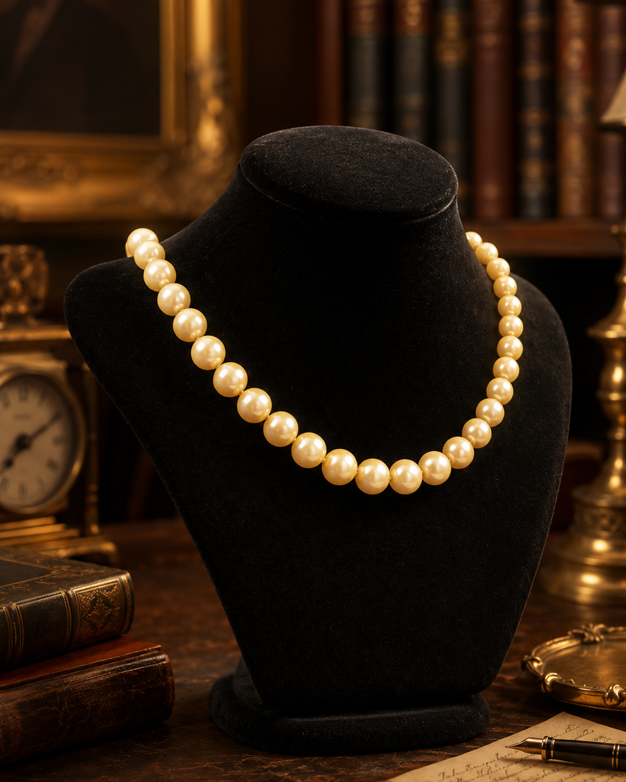 Peach faux pearl single strand necklace with gold-tone crystal accent clasp