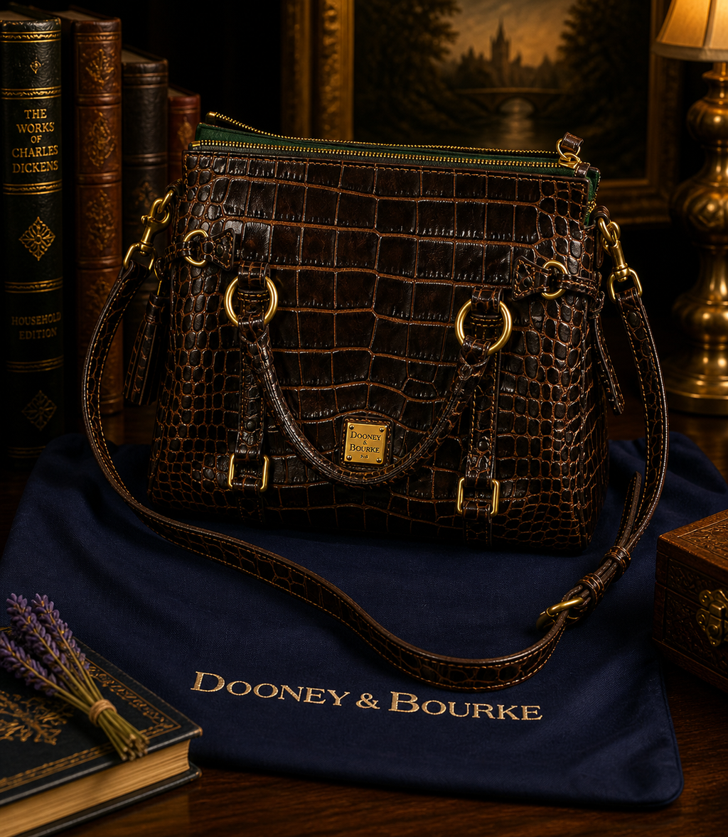 Dooney & Bourke Croco Embossed Leather Satchel Brown Crossbody Shoulder Bag