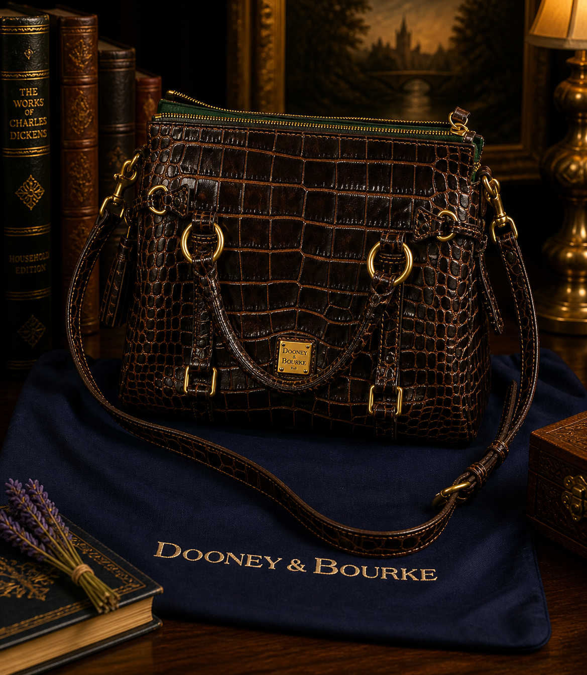 Dooney & Bourke Croco Embossed Leather Satchel Brown Crossbody Shoulder Bag