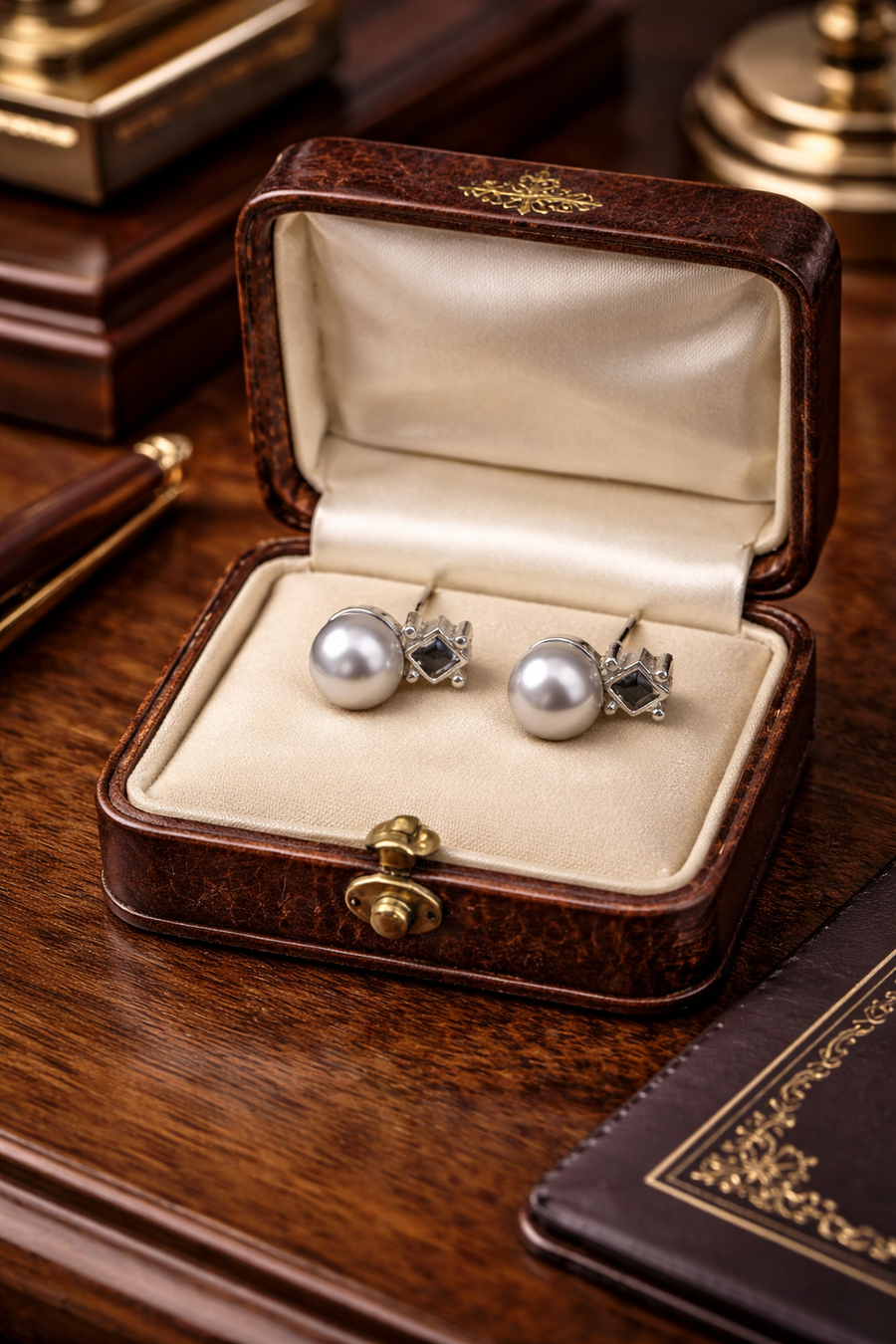 Silver-tone faux pearl stud earrings with geometric accent at the base