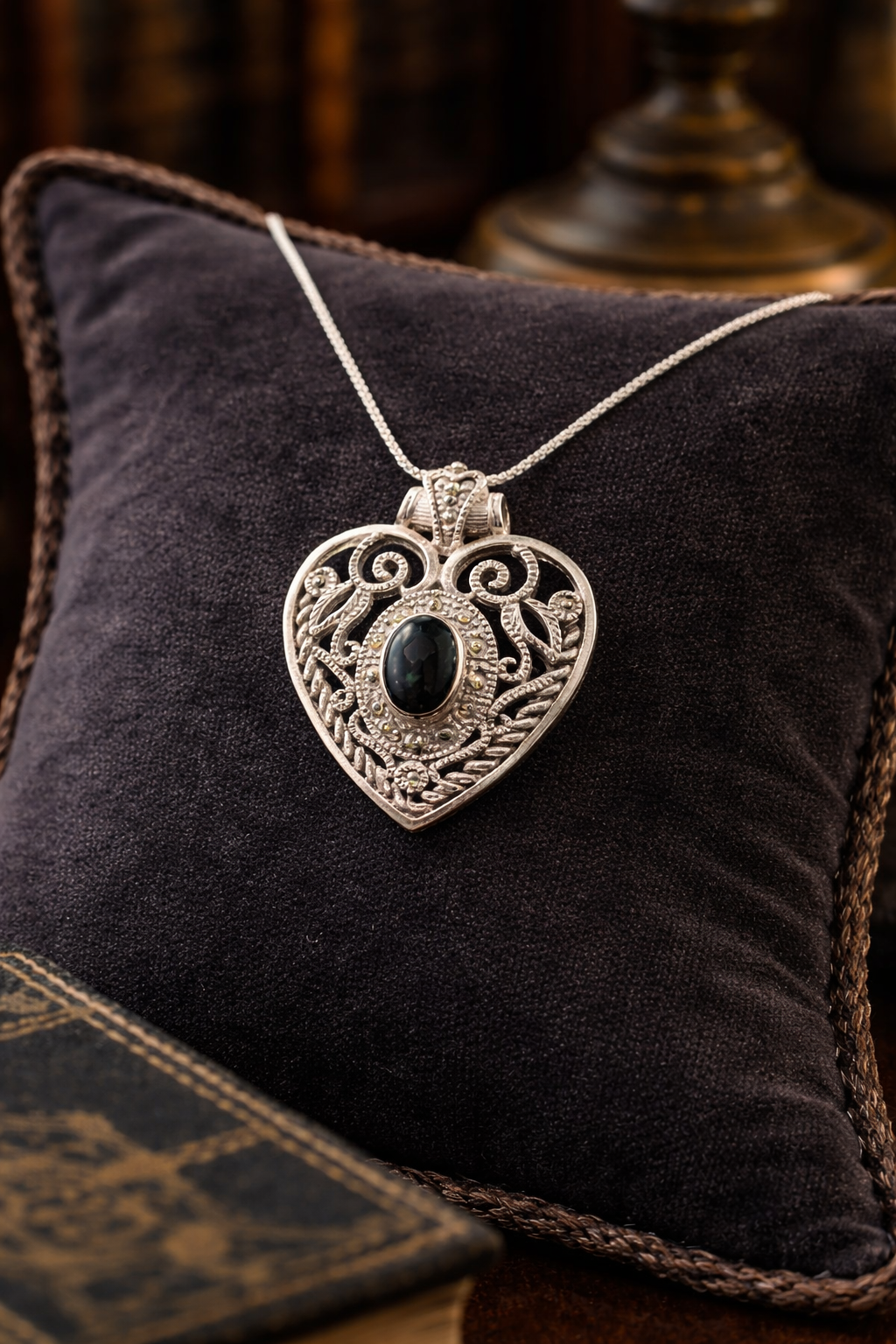 Silver tone black stone heart pendant necklace openwork scroll design